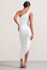 White One Shoulder Asymmetric Ruched Midi Dress